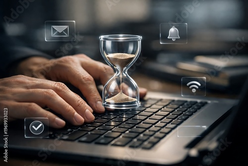 Hand typing on laptop with floating icons representing communication and time, concept of multitasking and productivity