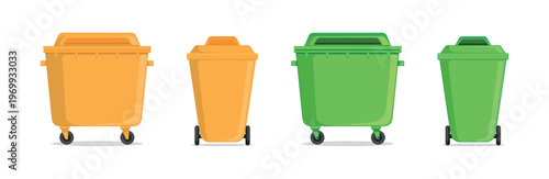 Green and Yellow Waste Bins on Wheels Vector Set