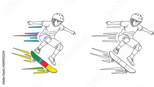 Dynamic skateboarder boy performing a mid-air trick with motion lines, dual vector illustration showing black and white outline for coloring book page alongside a colored version.