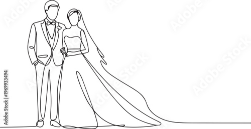 Minimalist Continuous Line Art of Wedding Couple – Bride and Groom Romantic Marriage Illustration