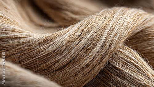 Linen fabric fibers extreme macro arranged in natural weave pattern with detailed textile material background