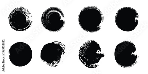 Black grunge circle brush stroke set. Rough ink stamp and paint frame pack.