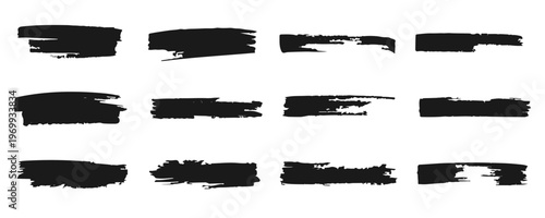 Black grunge brush stroke banners set. Rough paint swash and ink strip pack.