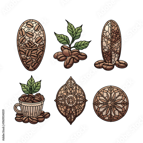 Set of Coffee Bean Illustrations in Stained Glass Style.