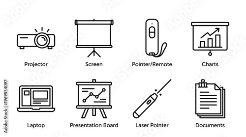 Presentation icons set with projector, screen, cursor, chart, laptop, board, remote, documents outline design