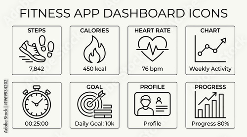 Fitness tracking icons set with steps, calories, heart, chart, timer, goal, profile, progress outline design
