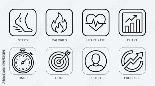 Fitness tracking icons set with steps, calories, heart, chart, timer, goal, profile, progress outline design