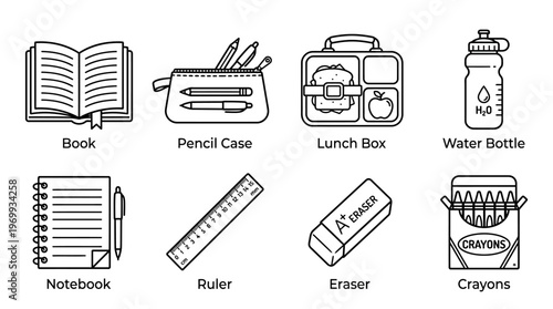 School supplies icons set with book, pens, bag, bottle, notebook, ruler, eraser, crayons outline design