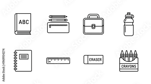 School supplies icons set with book, pens, bag, bottle, notebook, ruler, eraser, crayons outline design