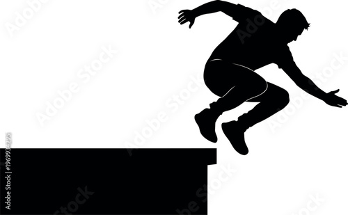 Silhouette of a person jumping off a cliff edge in a dynamic pose