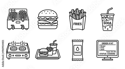 Fast food icons set with burger, fries, soda, grill, tray, sauce, order screen, outline black design