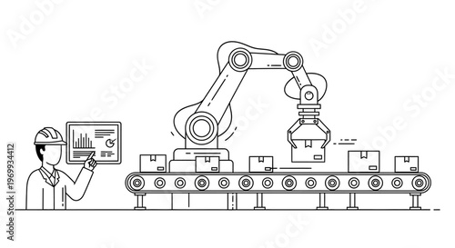 Robotics in Production: An illustration shows a factory worker observing a robotic arm working on a production line, epitomizing the evolution of automation and industry.