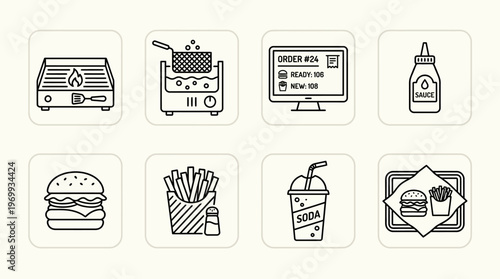 Fast food icons set with burger, fries, soda, grill, tray, sauce, order screen, outline black design