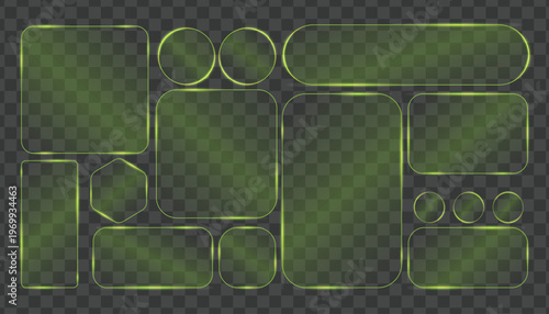 Set of glowing green glass frames, neon light buttons and ui elements with rounded corners on a dark transparent background