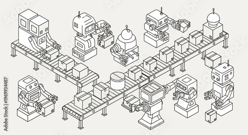 Robotic Assembly Line: An illustration depicts a futuristic automated production line, populated by various robots diligently assembling products.