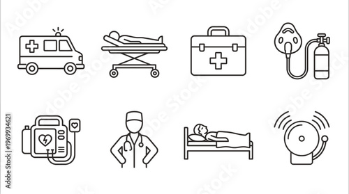 Emergency medical icons set with ambulance, doctor, patient, kit, mask, alarm, outline style design
