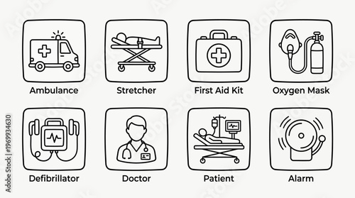 Emergency medical icons set with ambulance, doctor, patient, kit, mask, alarm, outline style design