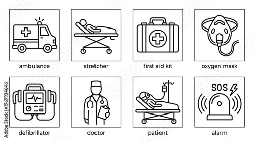 Emergency medical icons set with ambulance, doctor, patient, kit, mask, alarm, outline style design