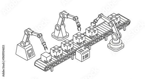 Automated Assembly Line: The image portrays an automated assembly line, with robotic arms meticulously handling boxes on a conveyor belt.