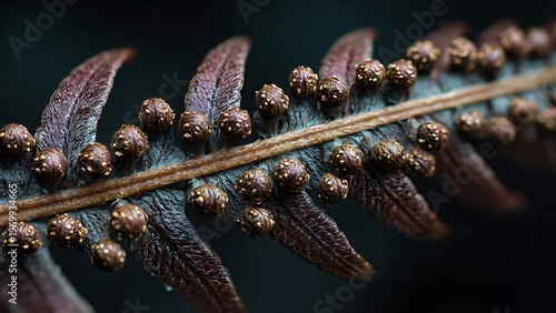 Fern sporangia arrangement extreme macro showing botanical spores and organic plant texture background