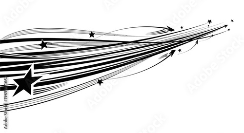 Celestial Streams: Abstract graphic composed of stars and dynamic lines suggesting speed and movement. Evoking concepts of space, aspiration, and boundless potential.