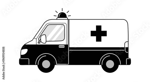 Emergency Response Vehicle: A stark black and white depiction of an ambulance, symbolizing swift response and critical care, complete with its iconic medical cross and flashing beacon.