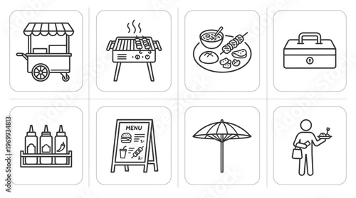 Street food icons set with cart, grill, snacks, sauces, menu, cash box, umbrella, customer outline design