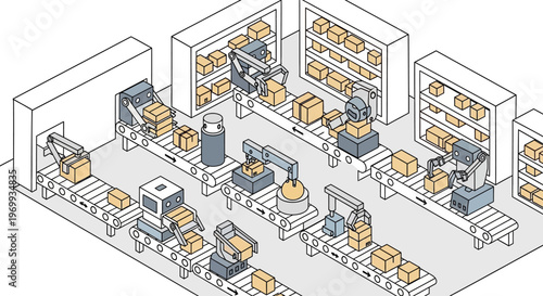 Automated Warehouse Workflow: An illustration showcasing an advanced warehouse with robotic arms efficiently managing the automated workflow of packaged goods.