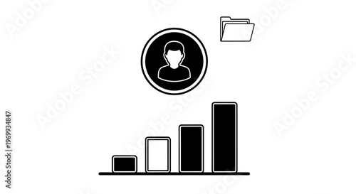 User profile analytics: A graphic representation showing increasing progress, accompanied by a user icon and a folder symbol, suggesting data analysis and user management.