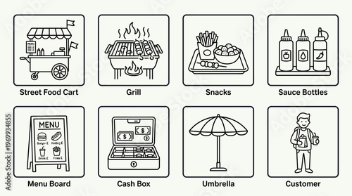 Street food icons set with cart, grill, snacks, sauces, menu, cash box, umbrella, customer outline design