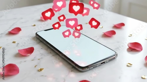Smartphone with floating red heart icons and rose petals. Digital interaction with social media during valentine day