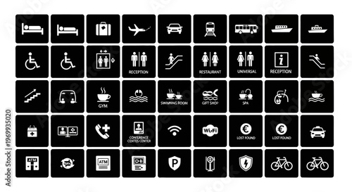 Hotel Icons: A collection of concise icons offers an intuitive guide to a variety of hotel services and amenities, from essentials to luxuries.