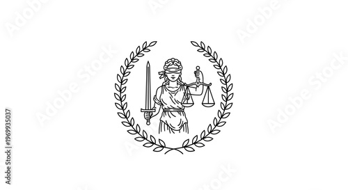 Justice Emblem: An elegant emblem of justice, showcasing the blindfolded figure of justice, holding scales and a sword, enclosed within a laurel wreath, symbolizes fairness and the pursuit of truth.