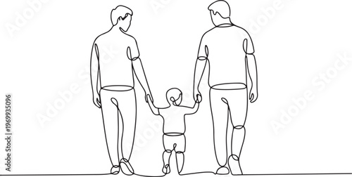 Minimalist Continuous Line Art of Same Sex Parents with Child – Family, Love and Diversity Illustration