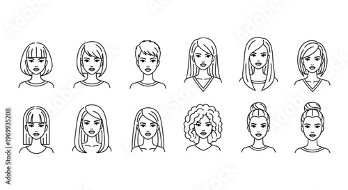 Diverse Hairstyle Collection: A minimalist illustration showcases a collection of diverse women's hairstyles, ranging from short bobs to long flowing locks.