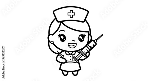 Friendly Nurse with Injection: A charming cartoon nurse, radiating warmth and care, holds a syringe, ready to administer aid and comfort, embodying compassion and medical dedication.