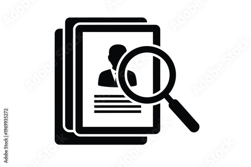 Magnifying Glass Inspecting Resumes on Tablets, Close-up View of Professional Document Screening Process in Modern Office Environment.