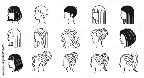 Stylish Silhouette of hairstyles: A set of simple line drawing illustrate a diverse range of hairstyles, portraying elegance and individuality in each unique silhouette.