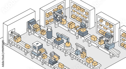 Robotic Automation in Industrial Logistics: A state-of-the-art depiction of a smart factory, showcasing automated processes with conveyor belts, robotic arms, and neatly organized product storage. 