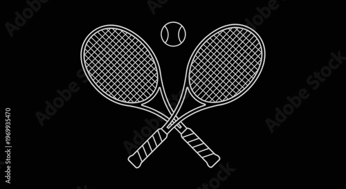 Tennis Icons: Two crossed tennis rackets with a tennis ball, artfully rendered in sleek monochrome, representing the spirit of the sport. 