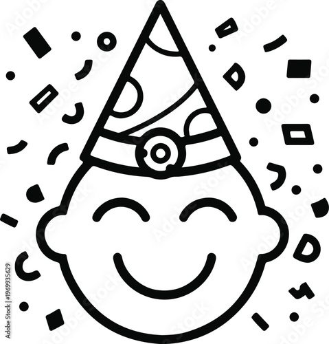 A joyful cartoon face, wearing a party hat, surrounded by floating confetti, symbolizing happiness. 