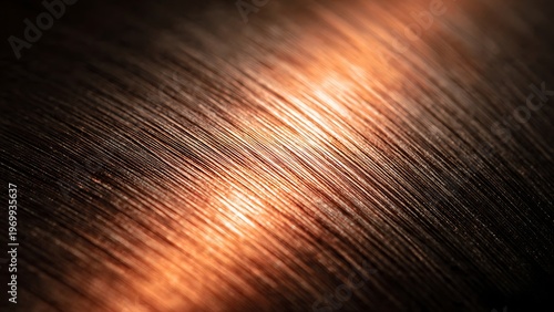 Brushed copper sheet macro with fine linear texture and warm metallic abstract background