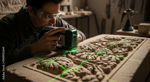 Man Using 3D Laser Scanner to Digitally Preserve Intricate Stone Carving