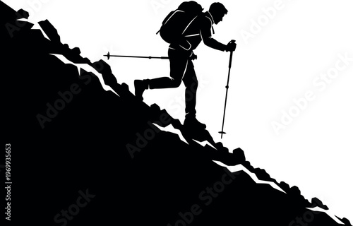 Hiker climbing a mountain in silhouette against a bright background