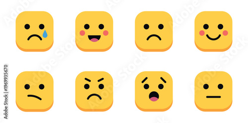 Set of Square Emoji Faces in Various Expressions Vector Set