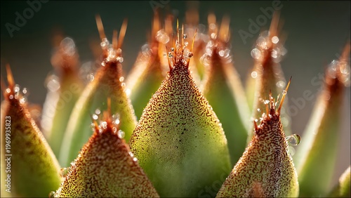 Extreme macro cactus spine base geometry with dew droplets and backlit desert plant texture for natural abstract background