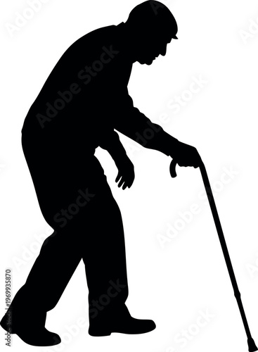 Silhouette of an elderly person walking with a cane