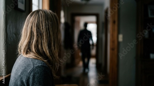 Woman looking at man walking away from partner down a dark corridor. Conceptual image focusing on breakup, divorce, relationship crisis, and emotional distance within a home interior environment.