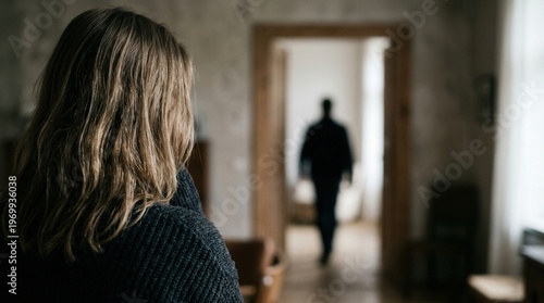 Woman watching blurred man walking away from partner through doorway in home. Conceptual scene of relationship breakup, divorce, separation, and sadness in dimly lit domestic interior environment.