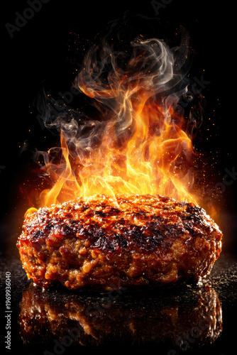 Grilled Beef Burger Patty with Flames – Generative AI